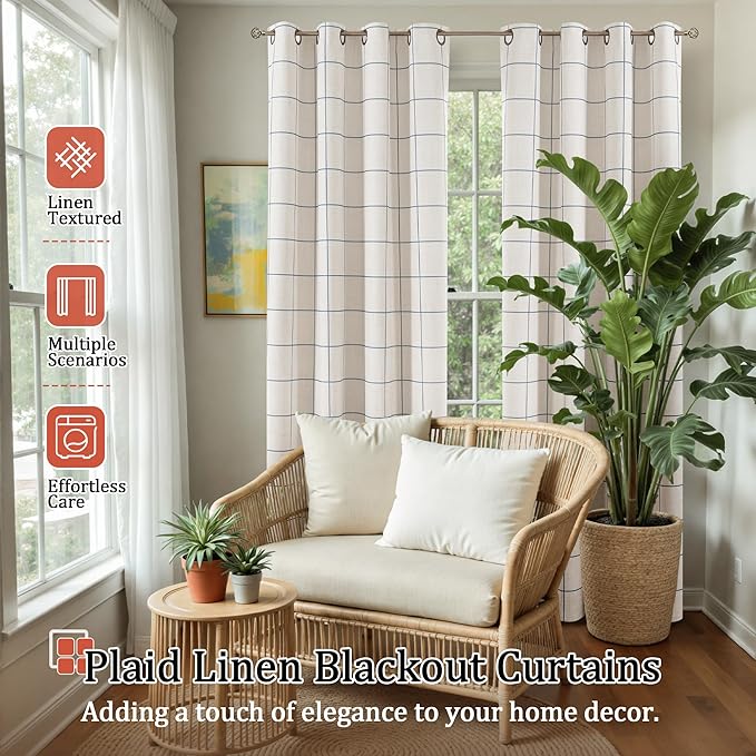 Navy Blue Linen Blackout Curtains for Living Room - Boho Plaid Pattern Thermal Insulated Grommet Cottage Core Window Treatments Rustic Drapes for Farmhouse, 52x84 Inch 2 Panels