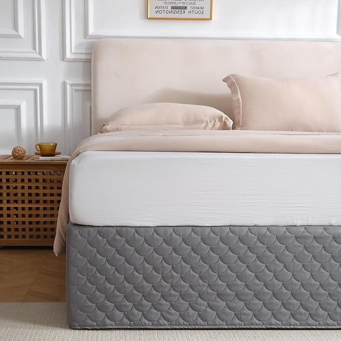 King Size Gray Bed Skirt with 14-Inch Drop, Easy Fit Wrap-Around Cover for Bed, Wrinkle-Free and Fade-Resistant Box Spring Cover. (Gray Seashells, King)