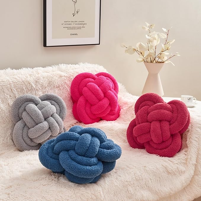 Xiashrk Knot Pillow Ball, 12" Soft Decorative Throw Pillows for Couch Bed, Wine Red Knotted Plush Throw Pillow Handmade Square Cushion Home Couch Decor Pillows for Living Room