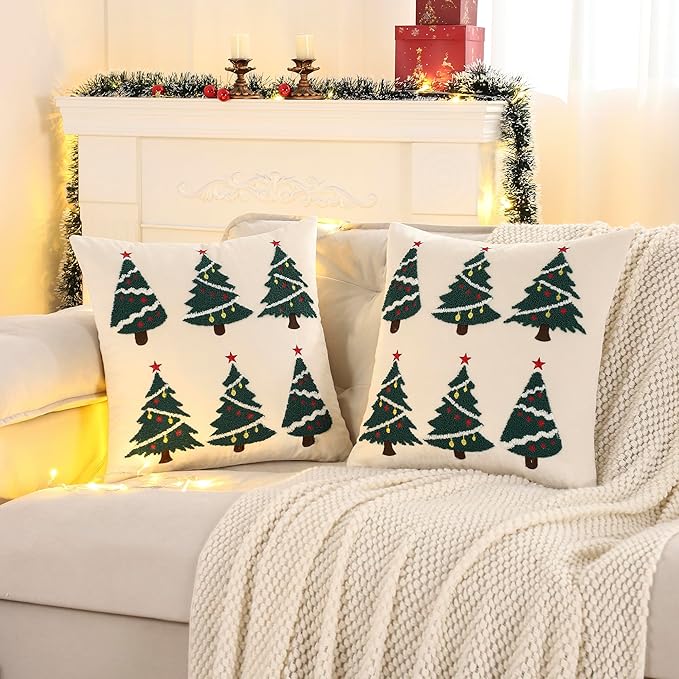 LUOYEHK Christmas Pillow Covers 18x18 Set of 2 Christmas Tree Decorative Beige Pillow Cases Winter Holiday Velvet Embroidered Cushion Covers for Couch Sofa Bed