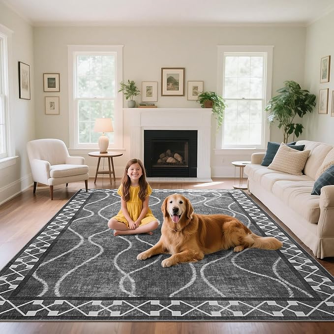 Washable Area Rugs 8x10, Non-Slip Rugs for Living Room Bedroom, Low Pile Large Soft Alfombras, Modern Bordered Home Floor Rugs for Kids Playroom Office Dining Room Farmhouse, Dark Grey