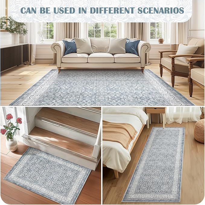 jinchan Hallway Runner Rug 3x8 - Machine Washable Grey Vintage Floral Distressed Design Soft Non-Slip Low-Pile Ultra-Thin Runner Rug for Kitchen Laundry Room Bedroom Farmhouse (3‘x8', Grey)