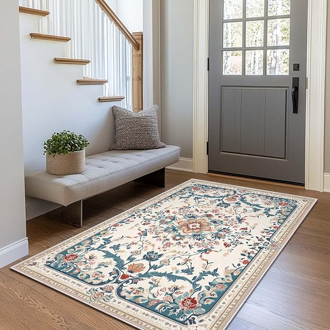3x5 Boho Entryway Rug Beige Oriental Area Rug Indoor Entrance Non Slip Door Mat Stain Resistant Washable Machine Soft Low Pile Small Carpet Bathroom Kitchen