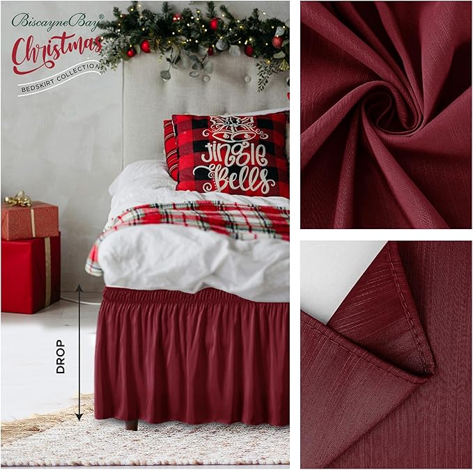 Biscaynebay Wrap Around Bed Skirts for Queen Beds 22" Drop, Burgundy Adjustable Elastic Dust Ruffles Easy Fit Wrinkle & Fade Resistant Silky Luxurious Fabric Solid Machine Washable