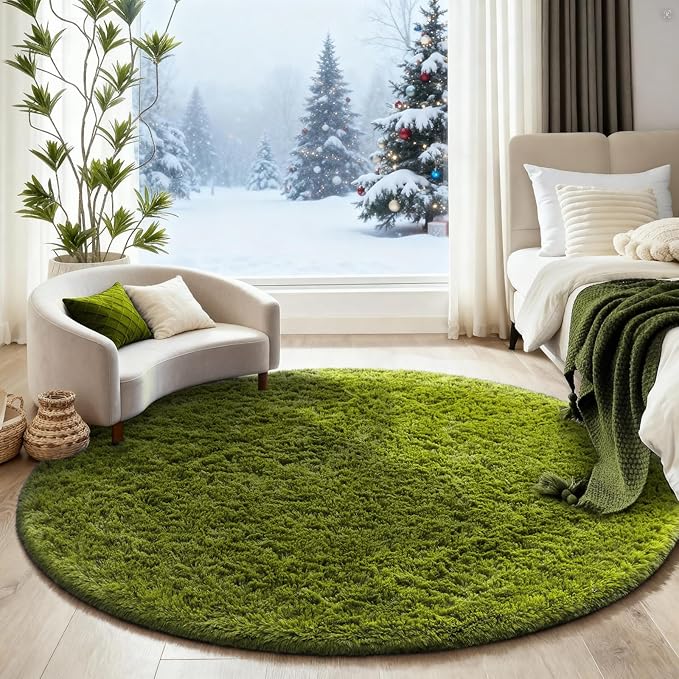 Ophanie Round Rug 5Ft Sage Green Circle Area Rug, Green Room Decor, Fluffy Fuzzy Bedroom Carpet, Plush Soft Shaggy Living Room Rugs for Kids Home Decor Aesthetic, Nursery