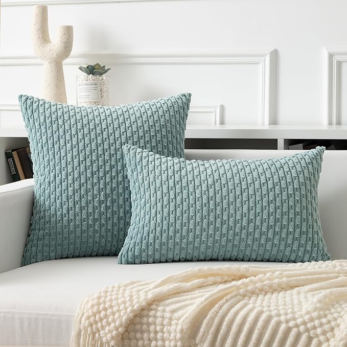 Kevin Textile 14x24 Inch Pillow Cover 1 Pack Boho Decorative Soft Striped Corduroy Lumbar Farmhouse Accent Rectangle Cushion Case for Living Room Couch Sofa Bed, Dusty Green