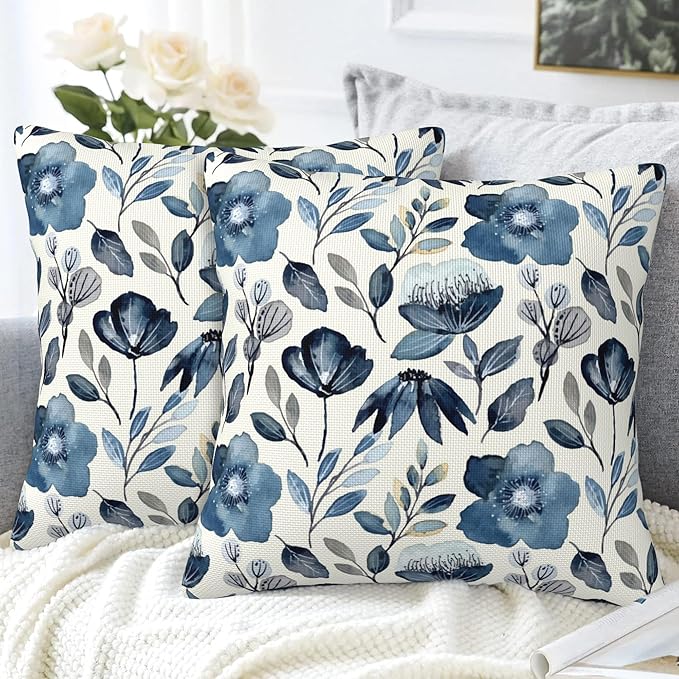 Throw Pillow Covers Blue Floral Pillow Covers 18x18 Inch Set of 2 Throw Pillows Decorative Pillow Cases Cushion Covers for Bedroom Livingroom Sofa Farm House