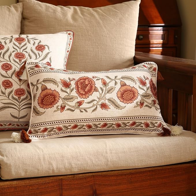 ISAENNE Design Linen Rectangle Vintage Throw Pillow Covers 12"x20", Brick Red Cushion Covers with Orange Floral Green Leaves Pattern Decor Pillowcases for Bed,Living Room,Outdoor,Car