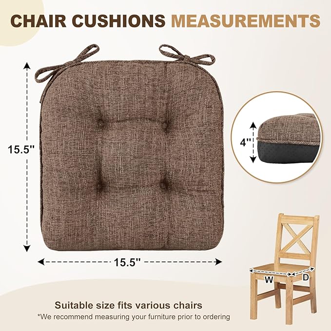 downluxe Indoor Chair Cushions for Dining Chairs, Tufted Overstuffed Textured Foam Kitchen Chair Pads with Ties and Non-Slip Backing, 15.5" x 15.5" x 4", Brown, 4 Pack