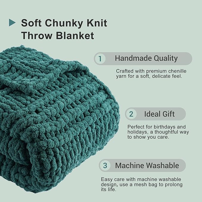 Battilo Christmas Green Throw Blanket for Couch, Chunky Knit Throw Blanket, Super Soft Warm Cozy Chenille Throw Blanket for Bed, Sofa, Living Room, Christmas Decor, 50"x60"