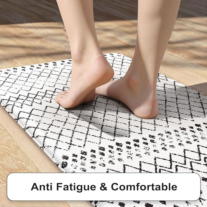 KIMODE Kitchen Mats 2PCS,Anti Fatigue Geometric Kitchen Rugs,Non Slip Waterproof Kitchen Mats for Floor,Cushioned Comfort Foam Standing Desk Mat for Home, Office, Sink,Laundry,Black and White