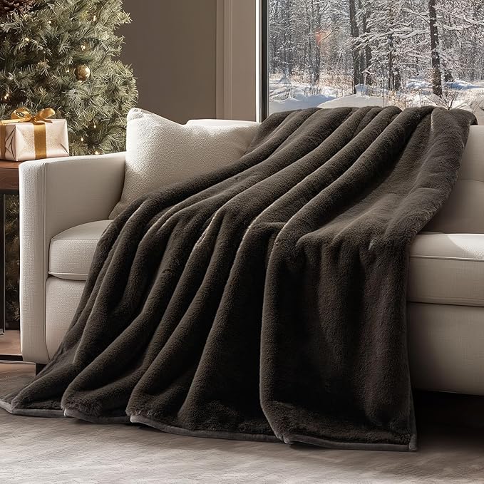 EVERGRACEHOME Ultra Soft Luxury Fluffy Mink Faux Fur Throw Blanket, Thick Warm Fall Winter Blankets for Bed, Couch, Cozy Plush Reversible Blanket for Chair, Sofa (Dark Brown, 60"x80")
