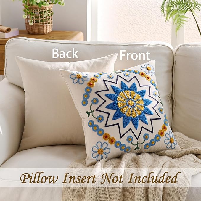 Embroidered Throw Pillow Cover 22x22 Classic Boho Floral Pattern Pillows Cover Outdoor Decorative Pillowcase,Durable Cozy Textured Cushion Case for Sofa Couch Bed Living Room,Blue Orange