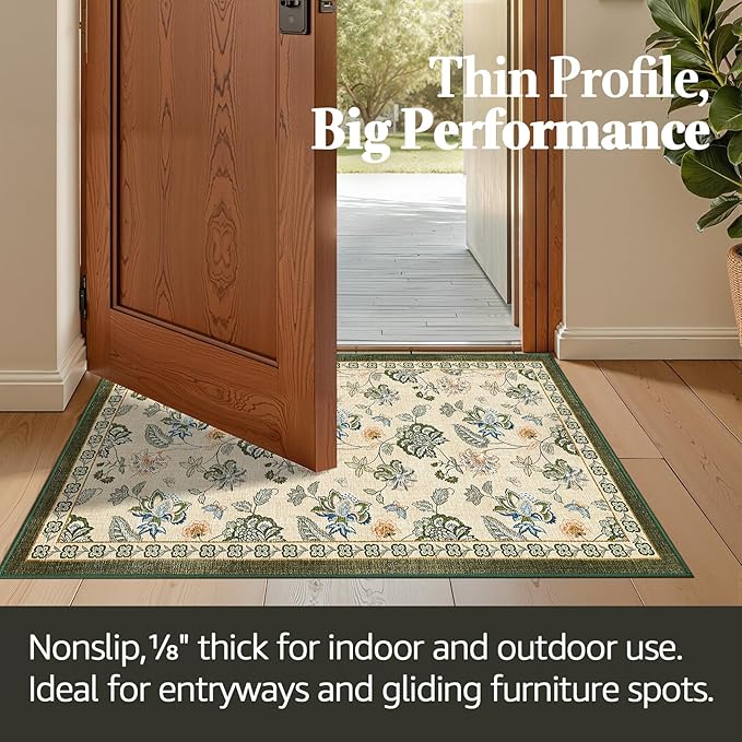 jinchan Elora 3x5 Floral Rug for Entryway Washable Rug Vintage Romance Design Christmas Small Mat Non Slip Indoor Doormat Lightweight Low-Profile Throw Carpet for Bathroom Laundry Room, Green/Beige