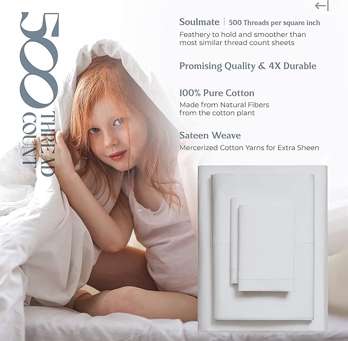 Mayfair Linen 100% Cotton Bed Sheets Queen Sheet Set - 500 Thread Count Sheets Queen Size 4 PC Set (Silver), Soft, Cooling, Hotel-Quality 16" Deep Pocket Sateen Cotton Bedsheet for Hot Sleepers