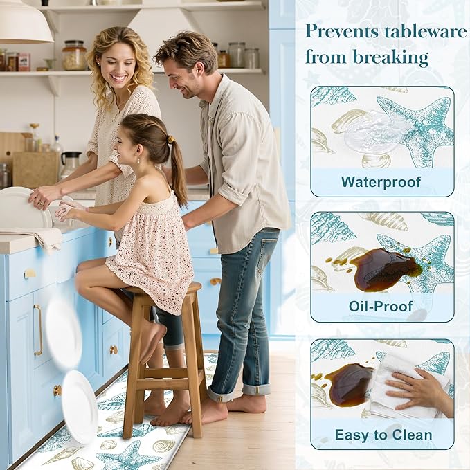 Kitchen Mats for Floor Cushioned Anti Fatigue Sets of 2 Beach Theme Kitchen Rugs Non Slip Waterproof Coastal Foam Kitchen Floor Rug Nautical Seashell Comfort Standing Mat for Sink Laundry, Teal