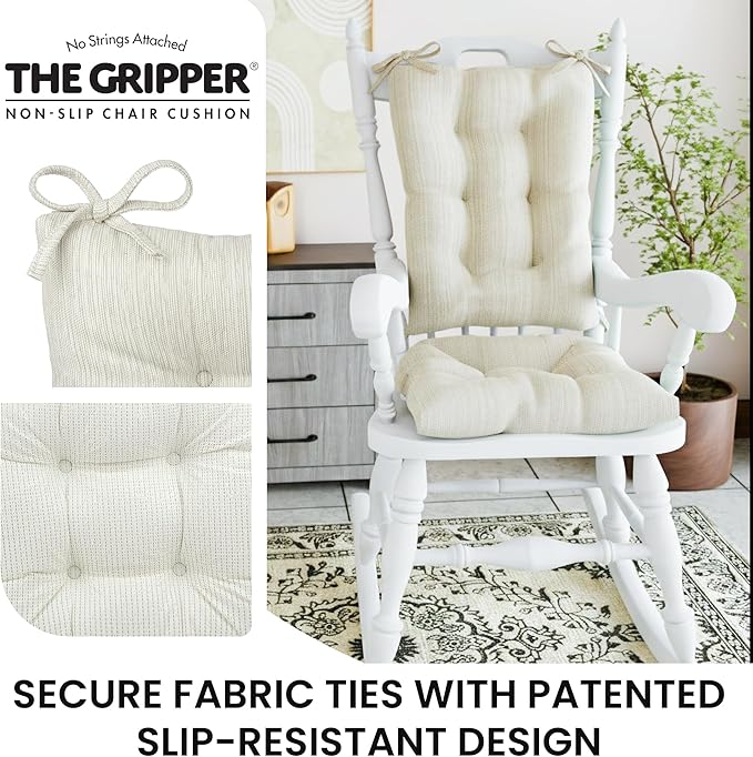 Klear Vu Omega Non-Slip Rocking Chair Cushion, Assembled in USA, Thick Tufted Design, Includes Seat Pad & Back Pillow with Ties, 17x17 Inches, 2-Piece Set, Solid Ivory