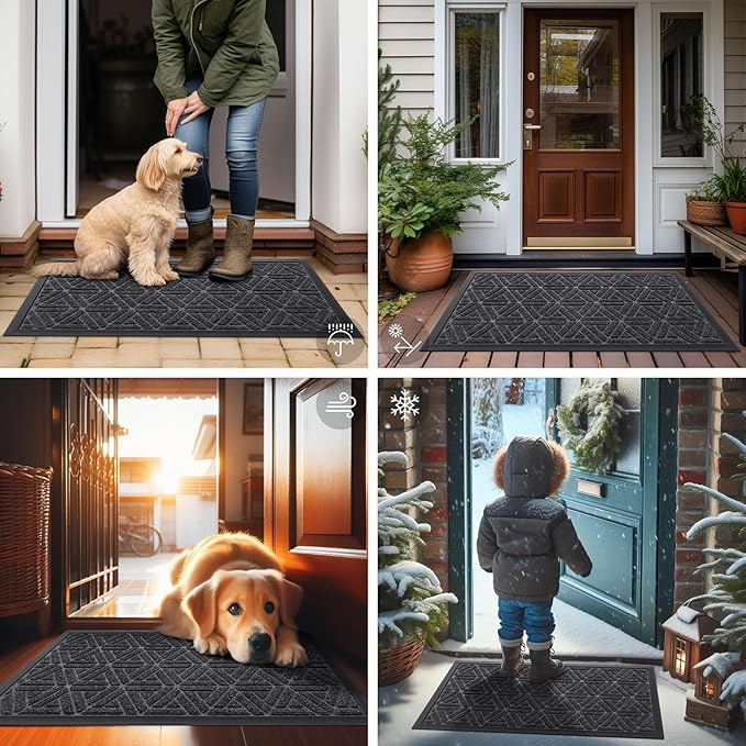 Smiry Front Door Mat Outside Entrance, Heavy Duty Sturdy Natural Rubber Doormat, Trap Dirt and Moisture, Easy Clean Low Profile Mats for Indoor Outdoor Entry, Grid Geometric (59x35, Grey)