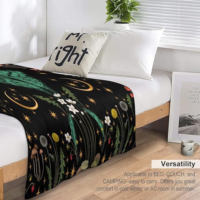Moon Phase Moth Blanket, Vintage Botanical Mushroom Wildflower Gothic Night Moonlit Mysterious Witchy Throws Blanket for Sofa Bed Couch Chair, 30"x40"