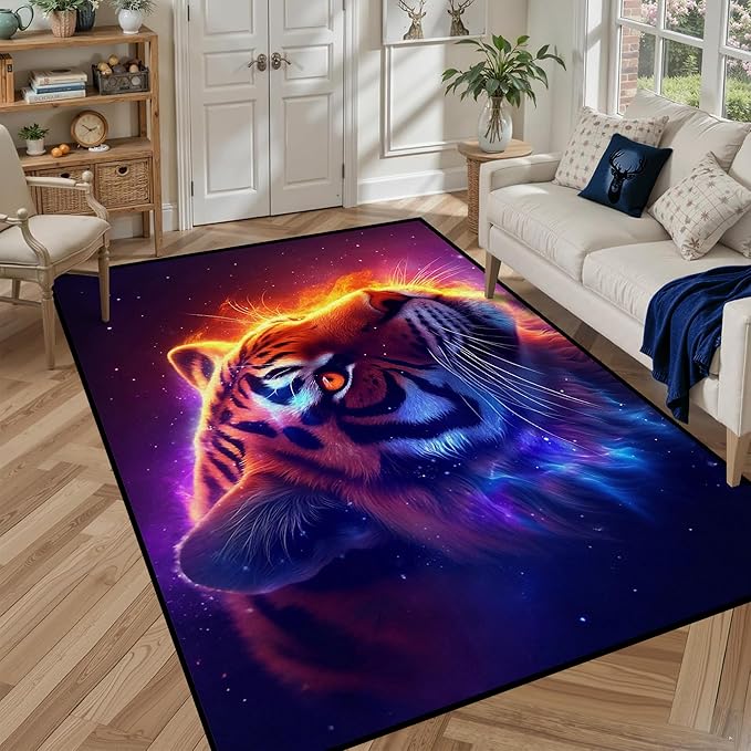 Galaxy Tiger Rug 3D Fierce Tigers Area Rugs for Bedroom Living Room Playroom Gameroom Boys Kids Fire Glitter Carpet Throw Rugs Floor Mat 63 in x 31 in