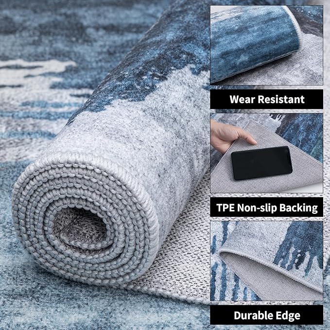 Ciicool 3x8 Washable Runner Rug, Modern Abstract Hallway Rugs Runner, Non-Slip Thin Accent Rug Lightweight Navy Grey Print Distressed Carpet for Kitchen Laundry Entryway Bedroom Indoor