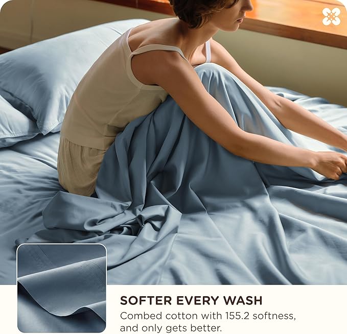Bedsure Cooling Sheets, Rayon Derived from Bamboo & Cotton Blend, GentleSoft, Breathable, Queen Sheet Set, Deep Pocket Up to 18 Inches, Hotel Luxury Bedding for Hot Sleepers, Dusty Blue