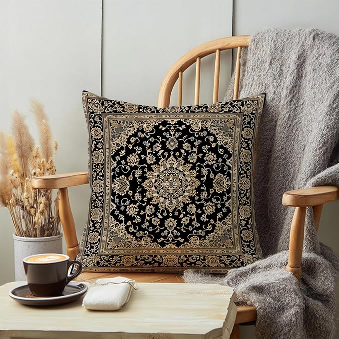 Vintage Boho Floral Print Throw Pillow Cover 18x18 - Brown, Black - Retro Rust Floral Decor Pillowcase | Indoor Outdoor Cushion Case for Sofa Bed Living Room Bedroom Home (Beige&Black, 18x18inch)