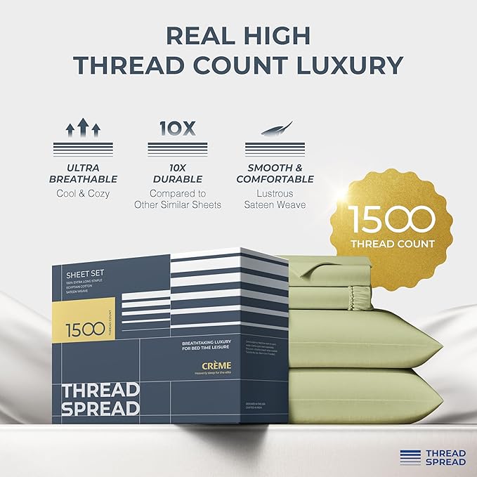 THREAD SPREAD 100% Egyptian Cotton King Size Sheets Set - Luxury 1500 Thread Count Egyptian Cotton Sheets King Size, 17" Deep Pocket, Soft, Cooling Sateen Weave Hotel Quality Bedding Set - Sage Green
