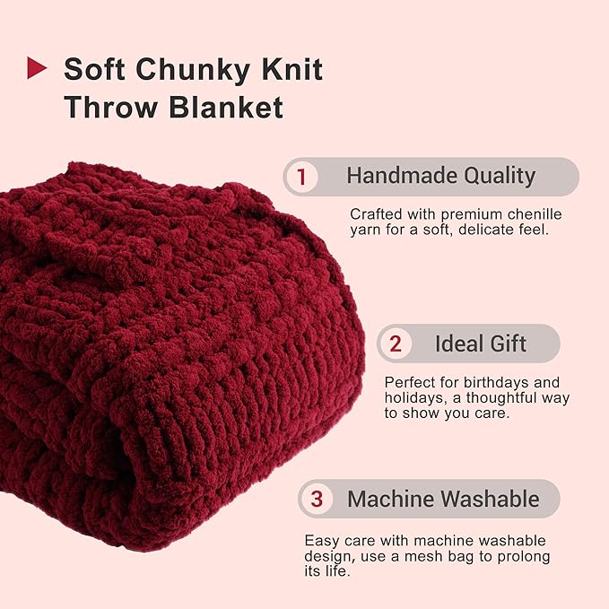 Battilo Dark Red Chunky Knit Throw Blanket, Christmas Red Throw Blanket for Couch, Super Soft Cozy Warm Blankets, Burgundy Chenille Throw Blanket for Living Room, Christmas Decorations, 50"x60"