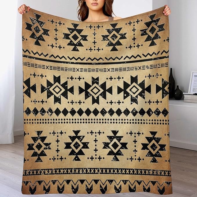 Tribal Aztec Throw Blanket, Southwestern Native Blanket, Vintage Ethnic Abstract Geometric Print Throws Cover for Couch Chair Sofa Bed Outdoor Beach Travel 40"x50"