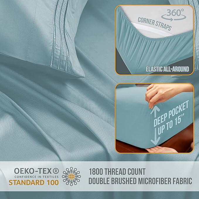 California King Sheet Set - Luxury Hotel Bed Sheet - Soft Cooling Sheets with Elastic Corner Strap - Deep Pocket Microfiber - Bedding Sheets & Pillowcases -4PC (Cal King Size, Light Blue)