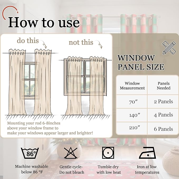 Plaid Christmas Curtains for Living Room - Boho Cottage Linen Blackout Gingham Checkered Drapes Extra Long, Farmhouse Thermal Insulated Drapery for Bedroom Winter 52x96 Inch 2 Panels, Red Green