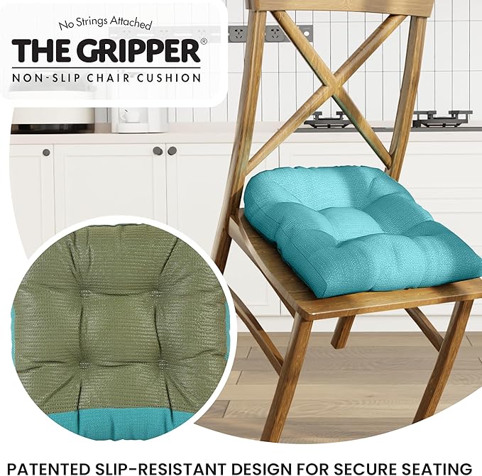 Klear Vu Gripper Overstuffed Universal Non-Slip Dining Chair Cushions for Kitchen Decor or Office Use, U-Shaped Skid-Proof Seat Pad, 17x17 Inches, 2 Count (Pack of 1), Solid Teal