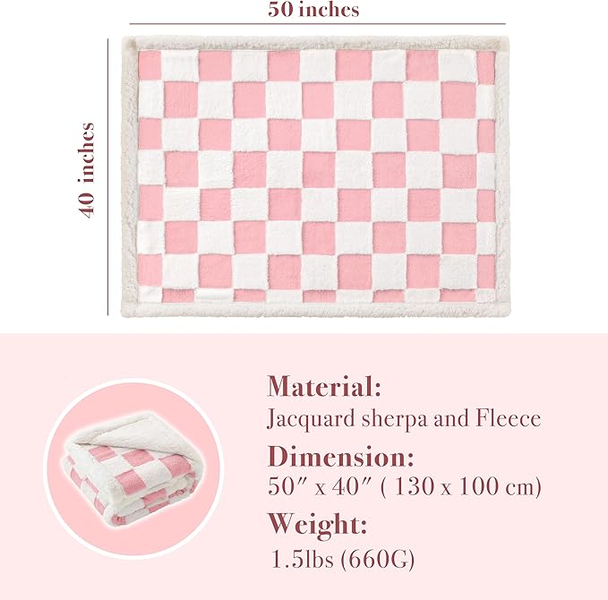 Checkered Dog Blanket, Pink Jacquard Sherpa Blankets for Small Dog and Cats, Cute Girly Women Aesthetic Style Fluffy Fleece Pets Blanket for Couch Protection Washable, 40"x50"