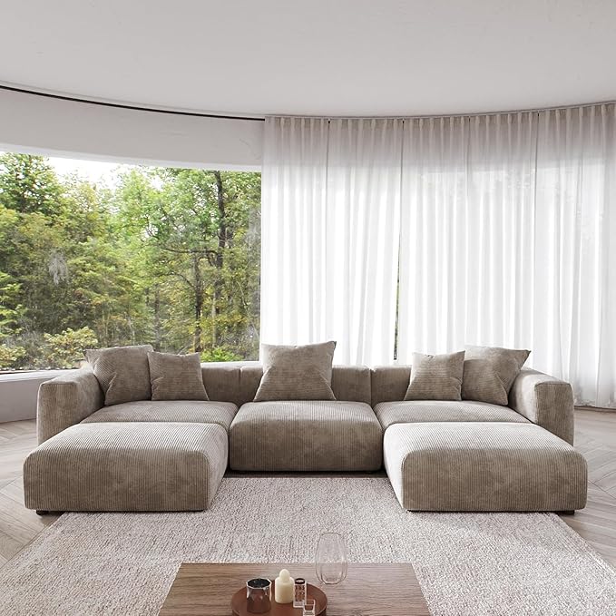 JACH 141" Oversized Modular Sectional Couch, Deep 3-Seats Corduroy Sofa with Chaise Ottomans, Huge Plus Convertible Soft Sofas, Minimalist Couches for Living Room, Apartment, Light Brown