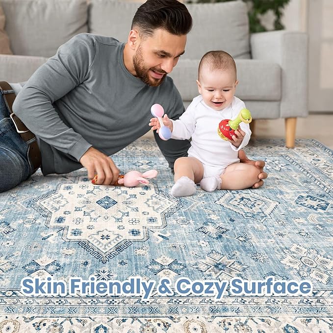 Vintage Living Room Area Rug 8x10 - Large Soft Washable Oriental Traditional Distressed Farmhouse Rugs for Bedroom - Indoor Floor Accent Carpet for Home Office House Decor - Blue