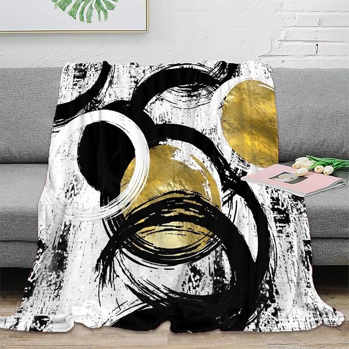 Black White Modern Abstract Fleece Blanket,Gold Ink Geometric Texture Oil Painting Art Soft Blanket 50x60inch(127x152cm) Lightweight Soft Cozy
