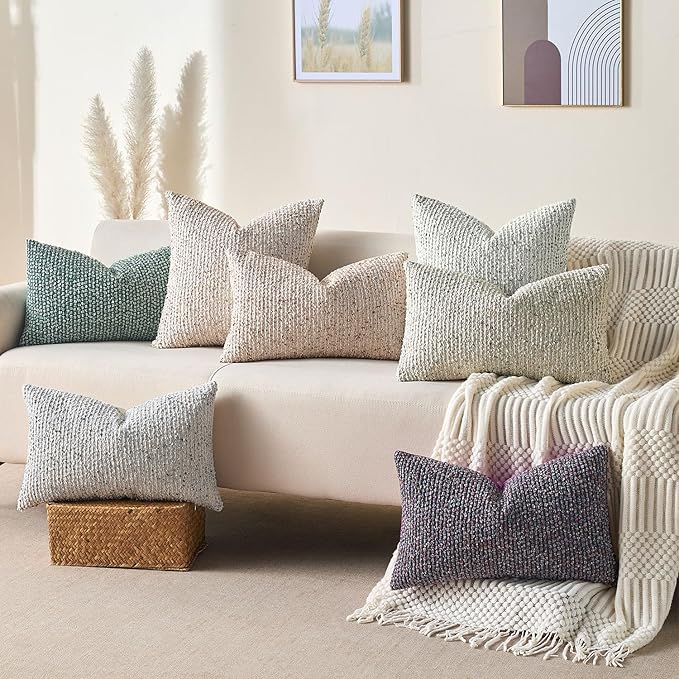 Decorative Couch Throw Pillow Covers 16x16 Cream Gray Striped Soft Wool Pillow Covers Neutral Textured Boho Cushion Covers for Modern Farmhouse Sofa Bedroom Living Room Decor SY011-B16