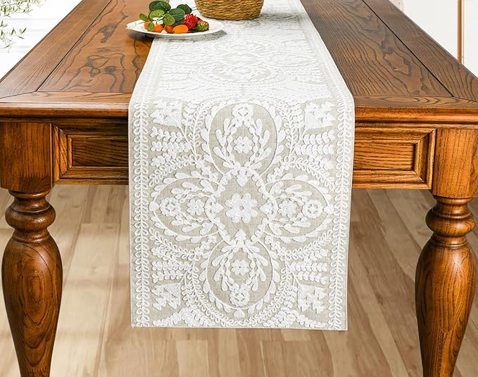 KEVA Boho Table Runner 72inches Long, Farmhouse Linen Table Runner, Rustic Vintage White Embroidered Table Runners 13x72 Inch for Dining Table Decorations