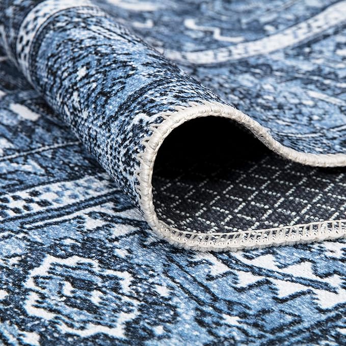 Bloom Rugs Washable Non-Slip 12 ft Runner - Blue Traditional Runner for Entryway, Hallway, Bathroom, and Kitchen - Exact Size: 2.5' x 12'