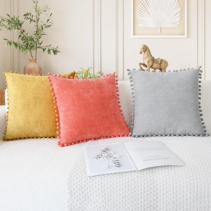 CaliTime Throw Pillow Covers Decorative 20 X 20 Inches Pack of 2 Cozy Solid Dyed Soft Chenille Cushion Cases with Pom Poms for Couch Sofa Bed Living Room Home Moonbeam Gray