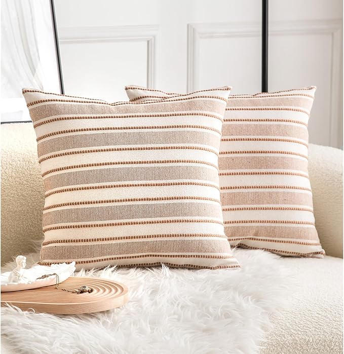 Decorative Boho Throw Pillow Covers, Farmhouse Textured Pillow Case, 18 x 18 Inch Set of 2, Chair Sofa Bedroom Living Room Home Decor Couch Cushion Case, Brown and Beige Striped