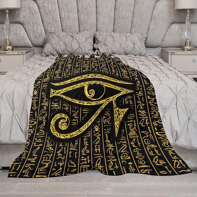 Ancient Egyptian Blanket, Egyptian Eye of Horus Ancient Culture Golden Egyptian Hieroglyphs Alphabet Print Blankets for Couch Sofa Bed Boys Mens, 60"x80"