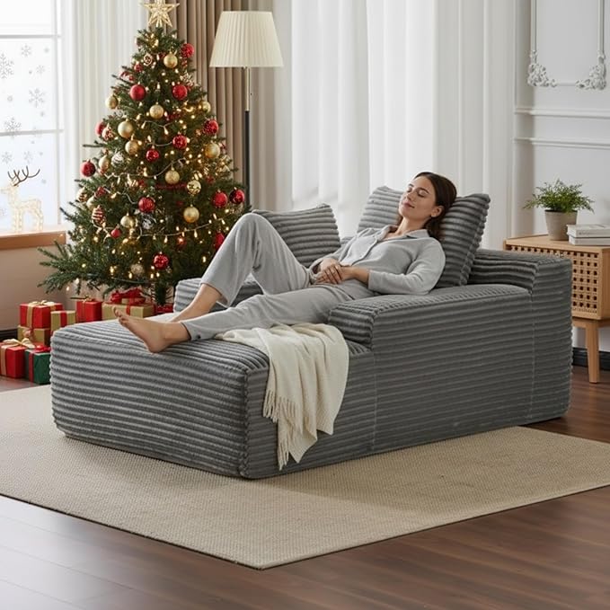 Chaise Lounge Chair Indoor, Oversized Comfy Fluffy Cloud Couch with Throw Pillows & Deep Seat, Modern Lounge Sleeper Couch with Armrests, Upholstered Sofa Bed Chair for Living Room, Grey