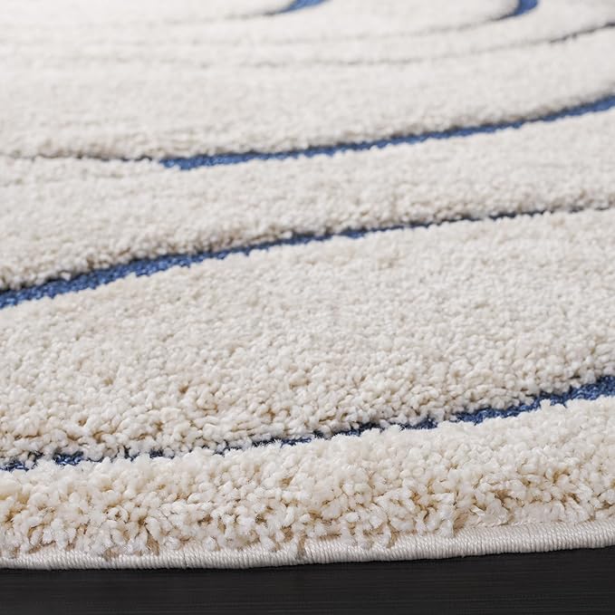 SAFAVIEH Florida Shag Collection 8' Round Cream/Blue SG471 Abstract Wave Non-Shedding Living Room Bedroom 1.2-inch Thick Area Rug