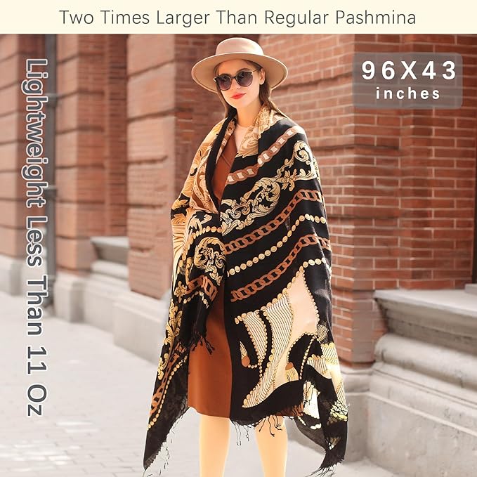 DANA XU 100% Merino Wool Pashmina Shawl for Women 96"x43", Oversized Cashmere Wrap with Tassels, Floral Travel Blanket Cape
