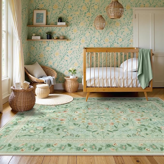 Lahome Floral 5x7 Washable Rug, Non Slip Soft Rug for Kids Room Nursery Ultra-Thin Green Carpet Bedroom, Vintage Botanical Print Carpet for Playroom Classroom Living Room Kitchen, Sage