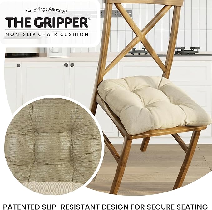 Klear Vu Gripper Overstuffed Universal Non-Slip Dining Chair Cushions for Kitchen Decor or Office Use, U-Shaped Skid-Proof Seat Pad, 17x17 Inches, 2 Count (Pack of 1), Linear Stone Tan