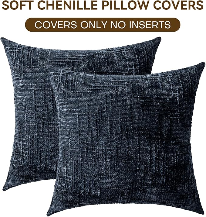 Decorative Throw Pillow Covers 16x16 Inch Set of 2, Soft Solid Farmhouse Chenille Couch Pillows, Spring Pillow Covers for Couch Sofa Bed Living Room Home Decor Pillowcase, Dark Blue