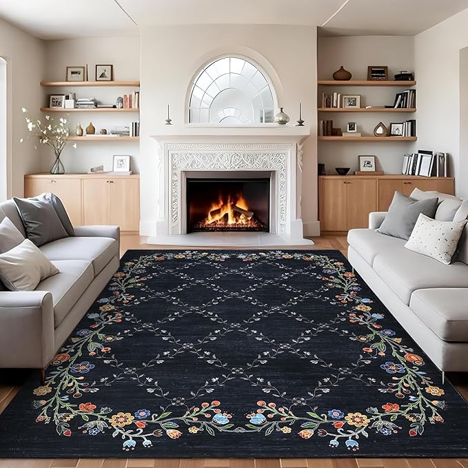 GarveeHome 8x10 Washable Floral Area Rugs for Living Room: Modern Floral Non Slip Large Area Rugs for Bedroom, Large Machine Washable Living Room Low Pile Carpet with Non-Slip Backing Black 8'x10'.